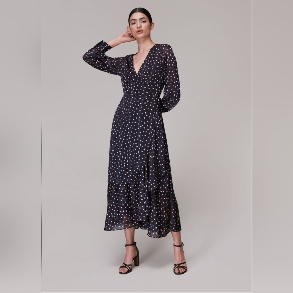 Whistles Satin Stripe Spot Wrap Dress Navy Size 0